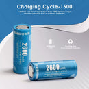 Infographic showing Delipow 26650 2600mAh 3.7V Li-ion flat top battery capacity and 500+ recharge cycles