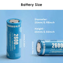 Delipow 26650 flat top battery dimension diagram – 65.0mm height, 26.0mm diameter, flat positive terminal