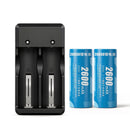 Delipow 26650 2600mAh 3.7V Li-ion rechargeable flat top battery with USB charger kit, compact capacity for flashlights and headlamps