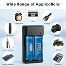 Delipow 26650 2600mAh battery and USB charger powering EDC flashlight, lightweight headlamp, and camping lantern
