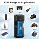 Delipow 26650 2600mAh battery and USB charger powering EDC flashlight, lightweight headlamp, and camping lantern