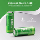 Infographic showing Delipow 26650 5000mAh 3.7V Li-ion battery capacity and 500+ recharge cycles for power tools
