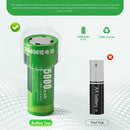 Infographic showing Delipow 26650 5000mAh 3.7V Li-ion flat top battery capacity and 500+ recharge cycles
