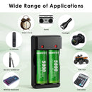 Delipow 26650 5000mAh battery and USB charger powering LED flashlight, camping headlamp, and bicycle light