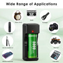 Delipow 26650 5000mAh battery and USB charger powering LED flashlight, camping headlamp, and bicycle light