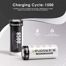Infographic showing Delipow 26650 6500mAh 3.7V Li-ion battery real capacity test and 500+ recharge cycles
