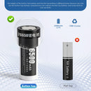 Infographic showing Delipow 26650 6500mAh 3.7V Li-ion flat top battery true capacity test and 500+ recharge cycles