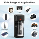 Delipow 26650 6500mAh battery and USB charger powering high‑lumen tactical flashlight and professional headlamp in outdoor setting