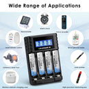 Delipow AAA 1184mWh lithium batteries and 4‑bay LCD charger powering TV remote, wireless doorbell, baby monitor, and digital thermometer