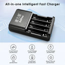 Delipow 4‑bay charger safety icons – overcharge, short circuit, overheat, reverse polarity