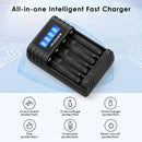 Delipow 4‑bay LCD charger safety icons – overcharge, short circuit, overheat, reverse polarity for lithium batteries