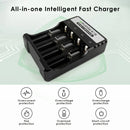 Delipow 4-bay smart charger compatible with 3.7V Li-ion 18350, 16340, 14500, 18650 rechargeable flat top and button top batteries, IMR and ICR chemistries