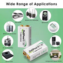Delipow 4‑pack 9V NiMH batteries powering smoke detector, carbon monoxide alarm, wireless microphone, and digital multimeter
