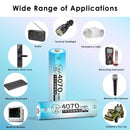 Delipow AA 4070mWh ultra high capacity lithium batteries powering professional DSLR camera, high‑powered LED flashlight, drone controller, and portable Bluetooth speaker