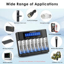 Delipow AA 4000mWh lithium batteries and 8‑bay LCD charger powering multiple Blink outdoor cameras around a home