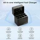 Delipow 8‑bay fast charger safety icons – overcharge, short circuit, overcurrent, overheat, reverse polarity