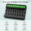 Delipow 8‑bay LCD charger safety icons – overcharge, short circuit, overheat, reverse polarity