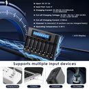 Delipow 8‑bay LCD charger powered via USB‑C from power bank, laptop, and wall adapter for Blink camera batteries