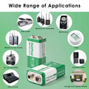 Delipow 8‑pack 9V rechargeable batteries powering smoke alarm, digital multimeter, guitar effects pedal, walkie talkie, and security camera