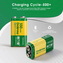 Infographic showing Delipow 9V 550mAh lithium‑ion battery capacity, 500+ recharge cycles, and flat discharge voltage curve