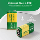 Infographic showing Delipow 9V 800mAh lithium‑ion battery capacity, 500+ recharge cycles, and flat discharge voltage curve