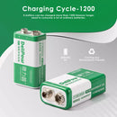 Infographic showing Delipow 9V lithium ion rechargeable battery capacity and recharge cycles