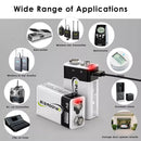 Delipow 9V lithium batteries powering smoke detector, fire alarm, keyless entry door lock, digital multimeter, and metal detector