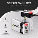 Infographic showing Delipow 9V lithium battery 650mAh capacity and 10‑year shelf life, compared to alkaline