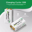 Infographic showing Delipow 9V NiMH 280mAh battery capacity and recharge cycles
