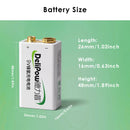 Delipow 9V NiMH battery dimension diagram – 48.5mm height, 26.5mm width, 17.5mm depth, standard 9V size