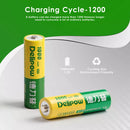 Infographic showing Delipow AA 1000mAh 1.2V NiMH battery capacity, 1200 recharge cycles, and low self-discharge technology