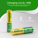 Infographic showing Delipow AA 1000mAh 1.2V NiMH battery capacity, 1200 recharge cycles, and low self-discharge technology