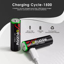 Infographic showing Delipow AA 1184mWh 1.5V USB-C lithium battery capacity and 1500+ recharge cycles