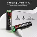 Infographic showing Delipow AA 1184mWh 1.5V USB-C lithium battery capacity, 1500+ cycles, constant voltage for smart locks and game controllers