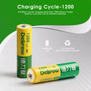 Infographic showing Delipow AA 1300mAh 1.2V NiMH solar battery high capacity and 1200 recharge cycles