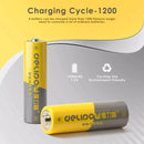 Infographic showing Delipow AA 1500mAh 1.2V NiMH battery capacity, 1200 recharge cycles, and low self-discharge technology