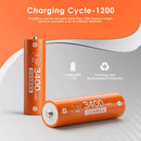 Infographic showing Delipow AA 3400mWh 1.5V lithium battery true capacity, 1500+ recharge cycles, and flat constant voltage discharge curve