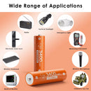 Delipow AA 3400mWh 1.5V lithium batteries powering digital SLR camera, Xbox wireless controller, high-lumen LED flashlight, and Blink outdoor security camera