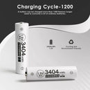 Infographic showing Delipow AA 3404mWh 1.5V lithium battery capacity and 1500+ recharge cycles with constant voltage curve