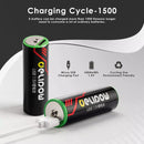 Infographic showing Delipow AA 3404mWh 1.5V USB-C lithium battery capacity, 1500+ cycles, constant voltage for gaming controllers and wireless devices