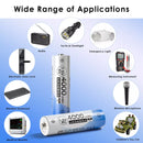 Delipow AA 4000mWh ultra‑high capacity lithium batteries powering professional DSLR camera, high‑powered LED flashlight, drone controller, and portable Bluetooth speaker