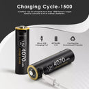 Infographic showing Delipow AA 4070mWh 1.5V USB-C lithium battery true capacity, 1500+ recharge cycles, and constant voltage discharge curve