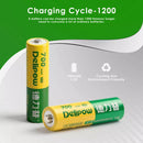 Infographic showing Delipow AA 700mAh 1.2V NiMH battery capacity and 1200 recharge cycles with low self-discharge