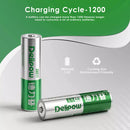 Infographic showing Delipow AA 800mAh 1.2V NiMH solar battery capacity and 1200 recharge cycles
