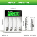Delipow AA and AAA lithium batteries with 4-bay LCD charger and ruler – AA 50x14mm, AAA 44x10mm, charger 190x120x40mm