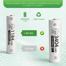 Infographic comparing Delipow AA 3404mWh and AAA 1184mWh 1.5V lithium battery capacities and 1500+ recharge cycles