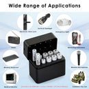 Delipow AA and AAA lithium batteries with 10‑bay charger and storage box powering digital camera, Xbox controller, TV remote, baby monitor, solar light, and wireless keyboard