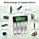 Delipow AA and AAA lithium batteries with 4-bay LCD charger powering digital camera, TV remote, Xbox controller, and baby monitor