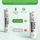 Infographic showing Delipow AA 3404mWh and AAA 1184mWh lithium battery capacities and 1500+ recharge cycles comparison