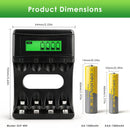 Delipow AA and AAA Ni-MH batteries with 4 slot LCD charger and ruler – AA 50x14mm, AAA 44.5x10.5mm, charger 95x50x35mm